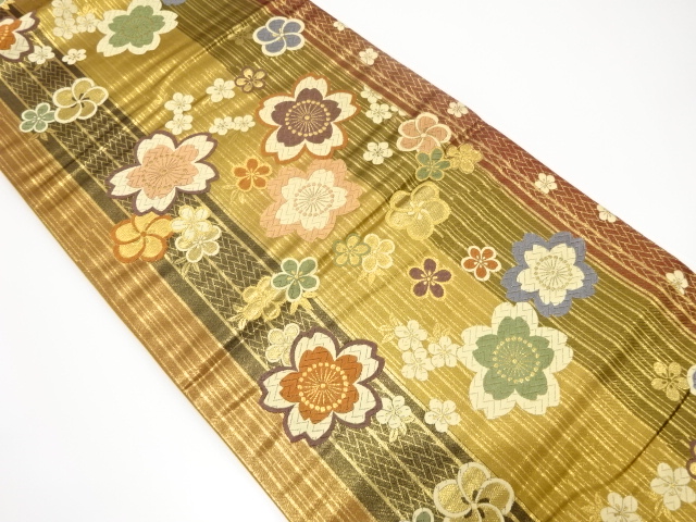 縞に桜・梅模様織り出し袋帯